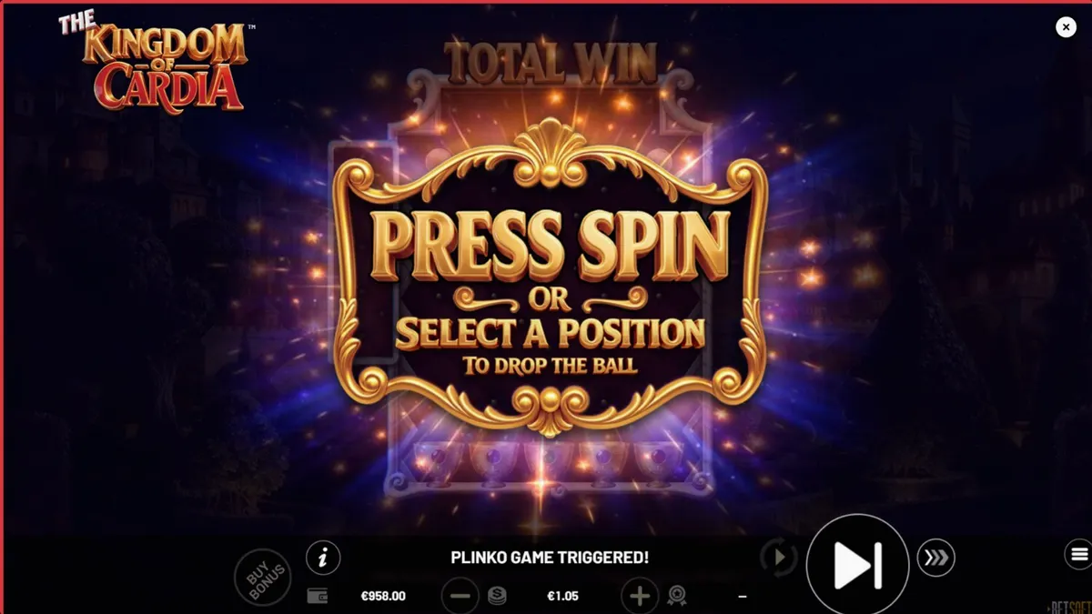 The Kingdom of Cardia slot machine interface featuring whimsical garden and playing card symbols.